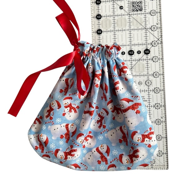Hand Crafted Snowman Drawstring Gift Bag with Red Ribbon Eco Friendly Reusable - Picture 6 of 8